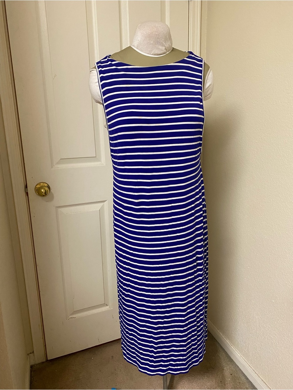 Chico's Blue and White Striped Sleeveless Maxi Dress with white underdress